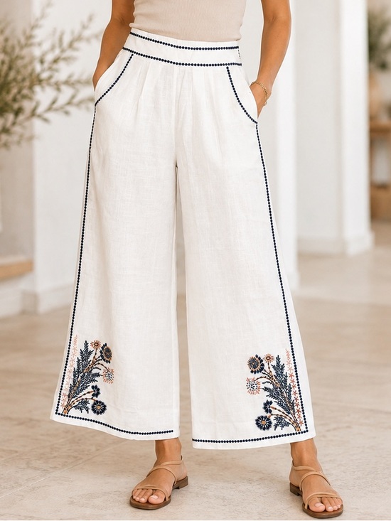 POL Pants - POL Cream Wide-Leg Embroidered Linen Pants with Navy Trim